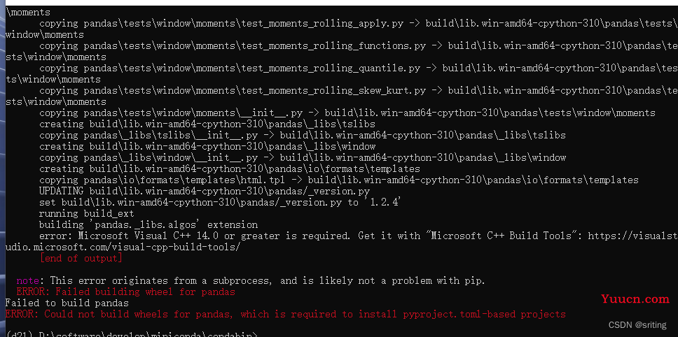 解决 Could not build wheels for pandas, which is required to install pyproject.toml-based projects